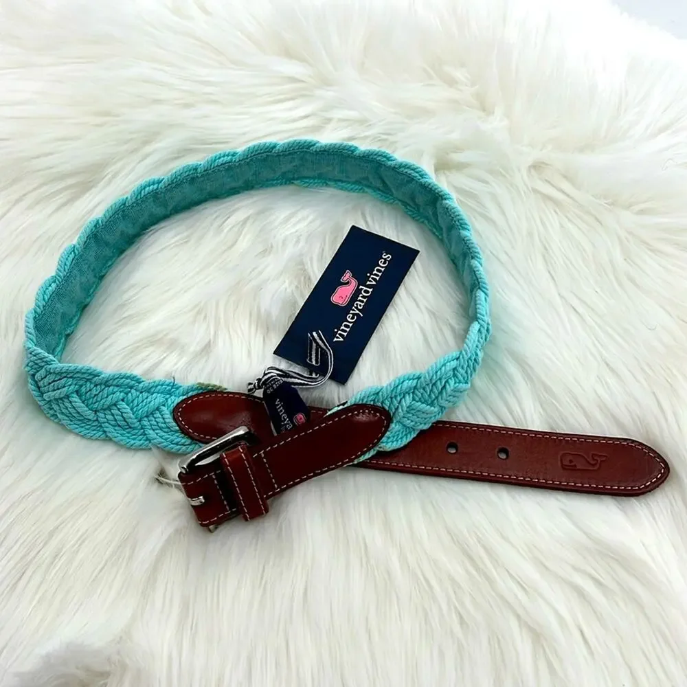 Vineyard Vines Men's Braided Rope Belt with Leather - Crystal Blue - 30 - NWT